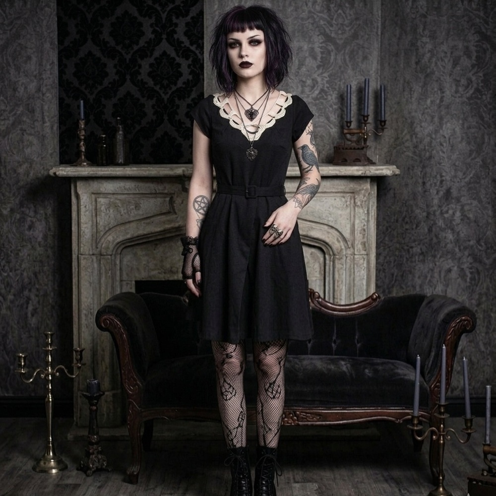 LIBERTINE Target Goth Witchy Twee Black Lace Collar Midi Dress XS Wednesday